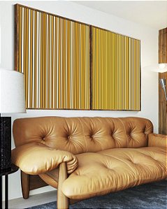 Duo de Quadros Abstrato Degradê Listras Dourado Amarelo Ouro Areia Canvas Moldura