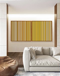 Duo de Quadros Quadrados Abstrato Degradê Listras Dourado Amarelo Ouro Areia Canvas Moldura