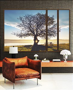 Trio de Quadros Estilizados Árvore Banco Céu Azul e Luzes do Sol Paisagem Canvas Moldura
