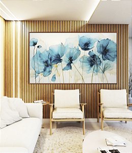 Quadro Horizontal Flores Decicadas Abstratas Cores Azul Dourado Canvas Moldura