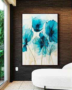 Quadro Vertical Flores Delicadas Abstratas Cores Azul Dourado Canvas Moldura