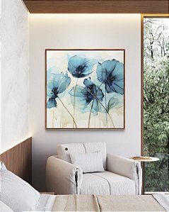Quadro Quadrado Flores Delicadas Abstratas Cores Azul Dourado Canvas Moldura