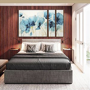 Trio de Quadros Estilizados Flores Delicadas Abstratas Cores Azul Dourado Canvas Moldura