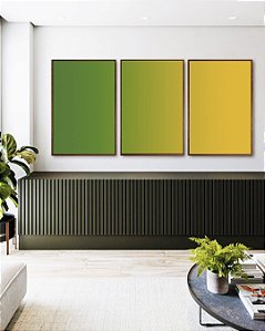 Trio de Quadros Abstrato Degradê Verde Esmeralda e Amarelo Dourado Canvas Moldura