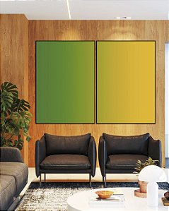 Duo de Quadros Abstrato Degradê Verde Esmeralda e Amarelo Dourado Canvas Moldura