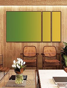Trio de Quadros Estilizados Abstrato Degradê Verde Esmeralda e Amarelo Dourado Canvas Moldura