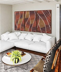 Trio de Quadros Folhas Abstratas Marrom Terra Vermelho Tijolo Canvas Moldura