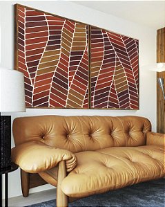Duo de Quadros Folhas Abstratas Marrom Terra Vermelho Tijolo Canvas Moldura