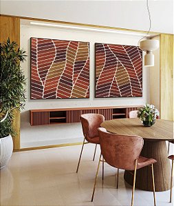Duo de Quadros Quadrados Folhas Abstratas Marrom Terra Vermelho Tijolo Canvas Moldura