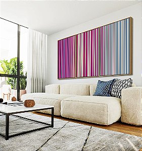 Trio de Quadros Abstrato Degradê Listras Rosa Choque Areia Azul Canvas Moldura