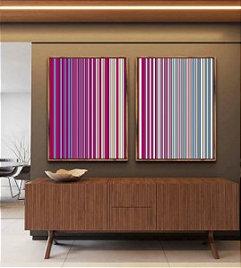 Duo de Quadros Abstrato Degradê Listras Rosa Choque Areia Azul Canvas Moldura