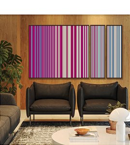 Trio de Quadros Estilizados Abstrato Degradê Listras Rosa Choque Areia Azul Canvas Moldura