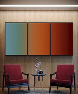 Trio de Quadros Abstrato Degradê Azul Petróleo Caramelo e Bordô Canvas Moldura