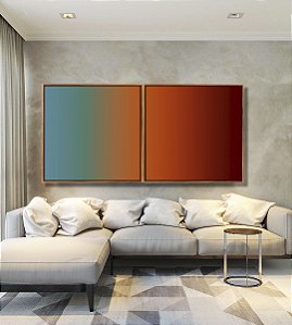 Duo de Quadros Quadrados Abstrato Degradê Azul Petróleo Caramelo e Bordô Canvas Moldura