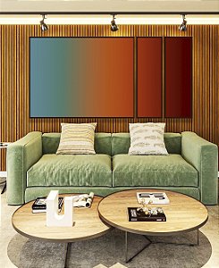 Trio de Quadros Estilizados Abstrato Degradê Azul Petróleo Caramelo e Bordô Canvas Moldura