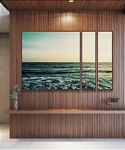 Trio de Quadros Estilizados Mar Turquesa Calmo e Céu Claro Natureza Canvas Moldura