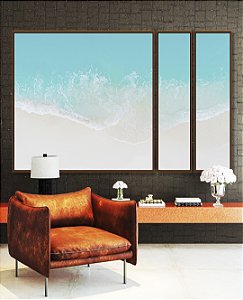 Trio de Quadros Estilizados Mar Azul Suave e Praia de Areia Branca Canvas Moldura