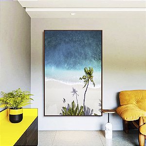 Quadro Vertical Mar Azul e Coqueiro em Praia Branca Canvas Moldura