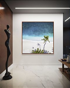 Quadro Quadrado Mar Azul e Coqueiro em Praia Branca Canvas Moldura