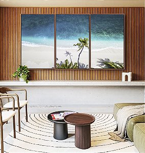 Trio de Quadros Mar Azul e Coqueiro em Praia Branca Canvas Moldura