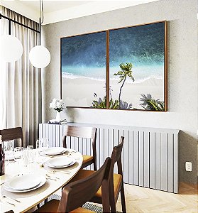 Duo de Quadros Mar Azul e Coqueiro em Praia Branca Canvas Moldura