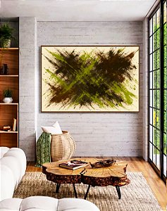 Quadro Horizontal Abstrato Verde Pistache Marrom Efeito Pintura Canvas Moldura
