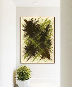 Quadro Vertical Abstrato Verde Pistache Marrom Efeito Pintura Canvas Moldura