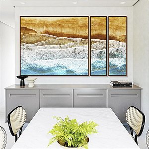 Trio de Quadros Estilizados Praia e Espuma do Mar Azul Claro Natureza Canvas Moldura