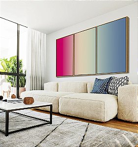 Trio de Quadros Degradê Rosa Choque Areia Azul Canvas Moldura