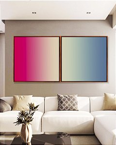 Duo de Quadros Quadrados Degradê Rosa Choque Areia Azul Canvas Moldura