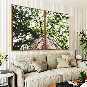 Duo de Quadros Árvore Folhas Verdes e Tronco Paisagem Canvas Moldura