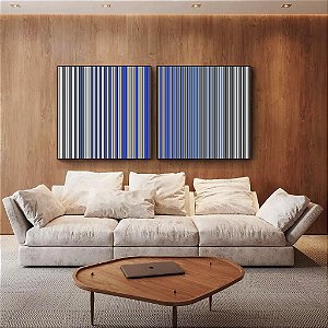 Duo de Quadros Quadrados Abstrato Degradê Listras Cinza Chumbo Azul Cobalto Canvas Moldura