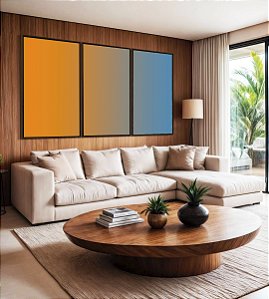 Trio de Quadros Abstrato Degradê Laranja Tangerina Azul Canvas Moldura