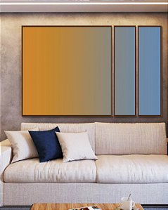 Trio de Quadros Estilizados Abstrato Degradê Laranja Tangerina Azul Canvas Moldura