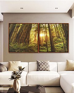 Duo de Quadros Quadrados Floresta Árores Luzes do Sol Natureza Canvas Moldura