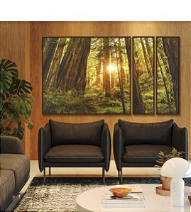 Trio de Quadros Estilizados Floresta Árores Luzes do Sol Natureza Canvas Moldura