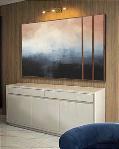 Trio de Quadros Estilizados Abstrato Degradê Rosa Antigo Azul Escuro Efeito Pintura Canvas Moldura