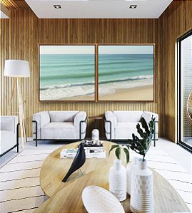 Duo de Quadros Quadrados Praia de Mar Calmo Turquesa Natureza Canvas Moldura