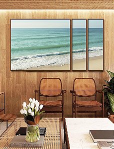 Trio de Quadros Estilizados Praia de Mar Calmo Turquesa Natureza Canvas Moldura