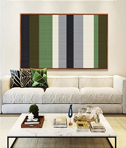 Quadro Horizontal Abstrato Listras Geométrico Verde Cinza Branco Canvas Moldura