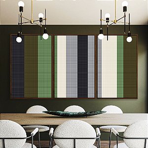 Trio de Quadros Abstrato Listras Geométrico Verde Cinza Branco Canvas Moldura
