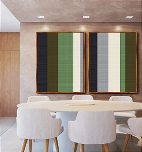 Duo de Quadros Abstrato Listras Geométrico Verde Cinza Branco Canvas Moldura