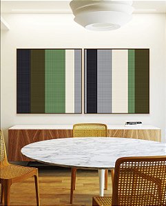 Duo de Quadros Quadrados Abstrato Listras Geométrico Verde Cinza Branco Canvas Moldura