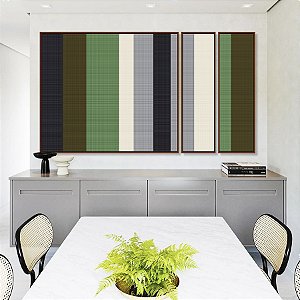 Trio de Quadros Estilizados Abstrato Listras Geométrico Verde Cinza Branco Canvas Moldura