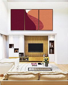 Trio de Quadros Abstrato Vermelho Carmim Rosa Salmão Minimalista Canvas Moldura