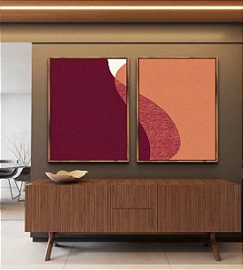 Duo de Quadros Abstrato Vermelho Carmim Rosa Salmão Minimalista Canvas Moldura