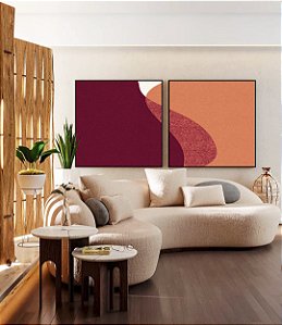 Duo de Quadros Quadrados Abstrato Vermelho Carmim Rosa Salmão Minimalista Canvas Moldura
