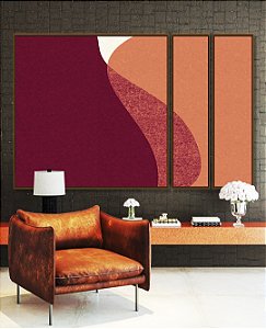 Trio de Quadros Estilizados Abstrato Vermelho Carmim Rosa Salmão Minimalista Canvas Moldura