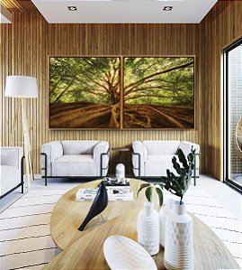 Duo de Quadros Quadrados  Árvore Folhas Raízes Natureza Imponente Canvas Moldura