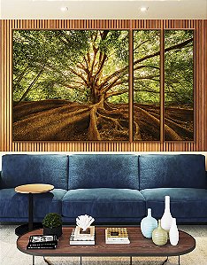 Trio de Quadros Estilizados Árvore Folhas Raízes Natureza Imponente Canvas Moldura